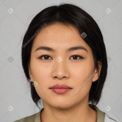 Neutral asian young-adult female with medium  black hair and brown eyes