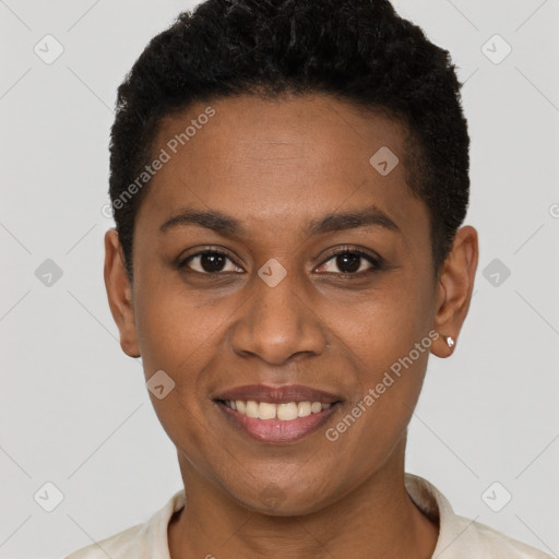 Joyful black young-adult female with short  black hair and brown eyes