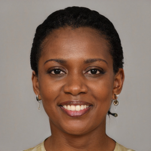 Joyful black young-adult female with short  black hair and brown eyes