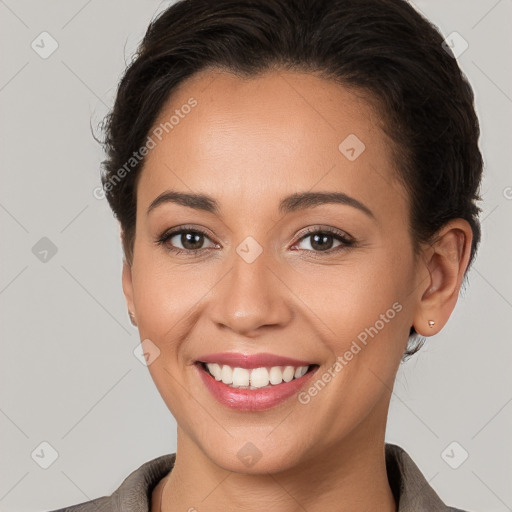 Joyful white young-adult female with short  brown hair and brown eyes