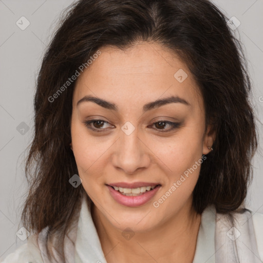 Joyful latino young-adult female with medium  brown hair and brown eyes