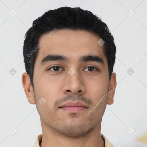 Neutral latino young-adult male with short  black hair and brown eyes