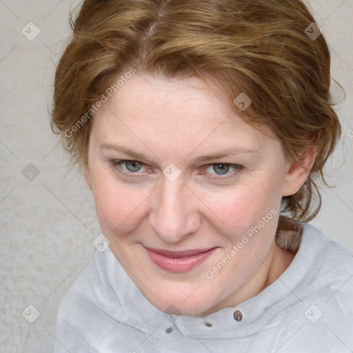 Joyful white young-adult female with medium  brown hair and blue eyes