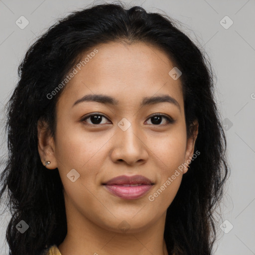 Joyful latino young-adult female with long  brown hair and brown eyes