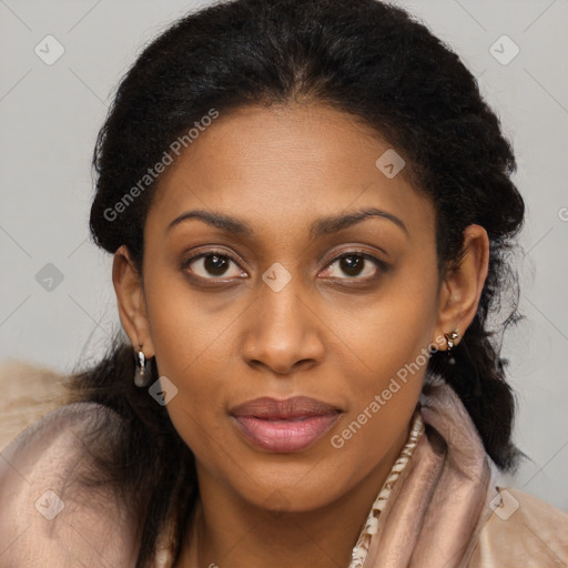 Joyful latino young-adult female with long  brown hair and brown eyes