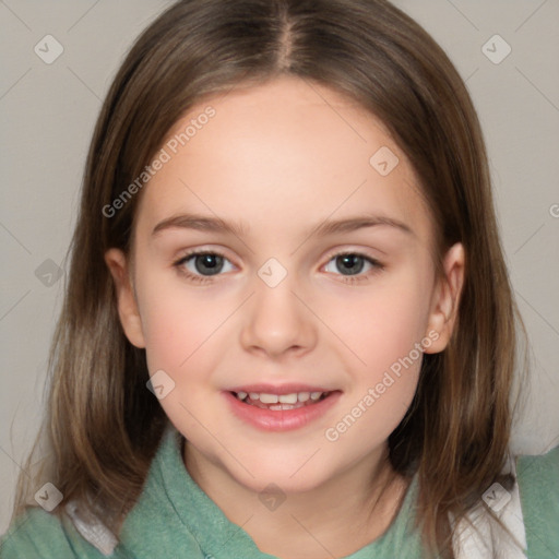 Joyful white child female with medium  brown hair and brown eyes