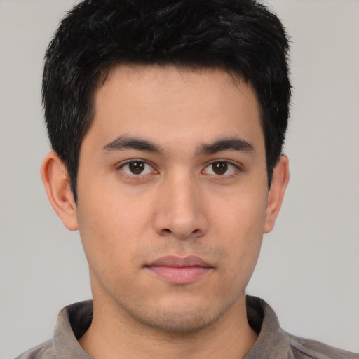 Neutral asian young-adult male with short  brown hair and brown eyes