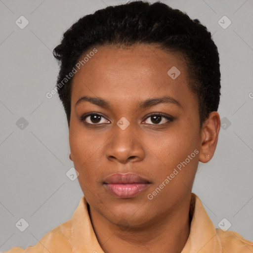 Neutral black young-adult female with short  black hair and brown eyes