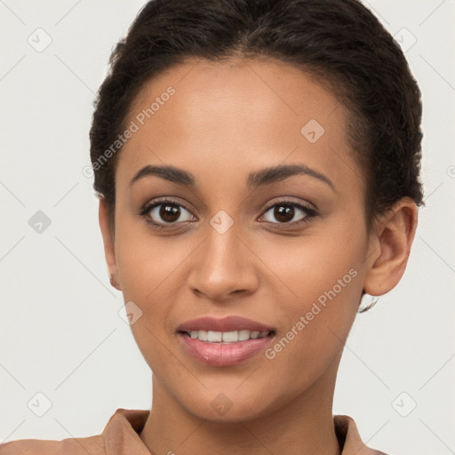 Joyful white young-adult female with short  brown hair and brown eyes