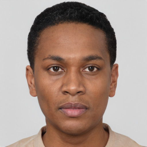 Neutral black young-adult male with short  black hair and brown eyes
