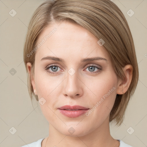 Joyful white young-adult female with medium  brown hair and blue eyes