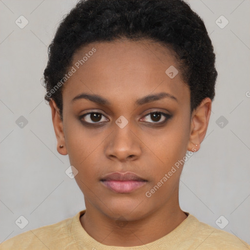 Neutral black young-adult female with short  black hair and brown eyes