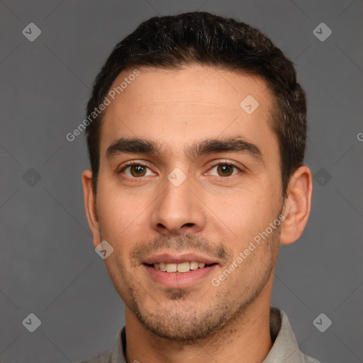 Joyful white young-adult male with short  brown hair and brown eyes