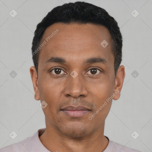 Neutral black young-adult male with short  black hair and brown eyes