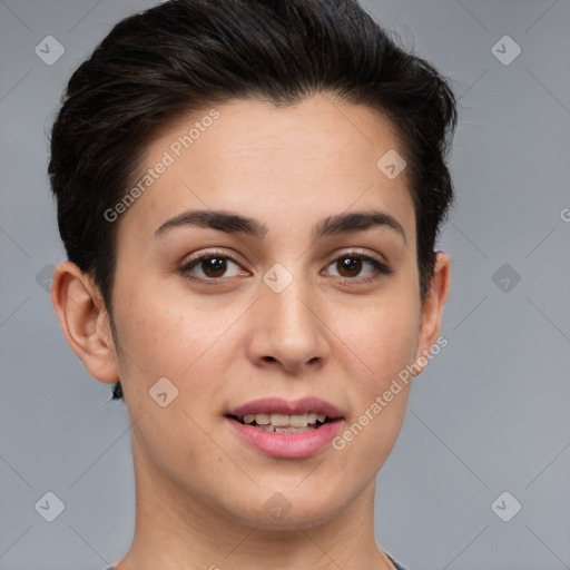 Joyful white young-adult female with short  brown hair and brown eyes