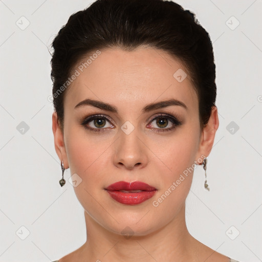 Neutral white young-adult female with short  brown hair and brown eyes