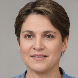 Joyful white adult female with medium  brown hair and grey eyes