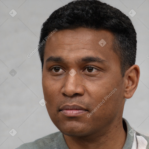 Neutral latino young-adult male with short  black hair and brown eyes