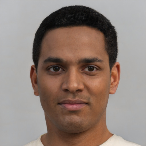 Neutral black young-adult male with short  black hair and brown eyes