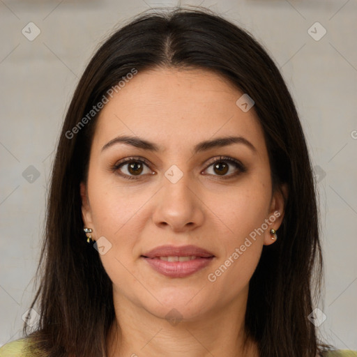 Joyful white young-adult female with long  brown hair and brown eyes