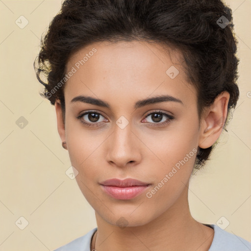 Neutral white young-adult female with short  brown hair and brown eyes