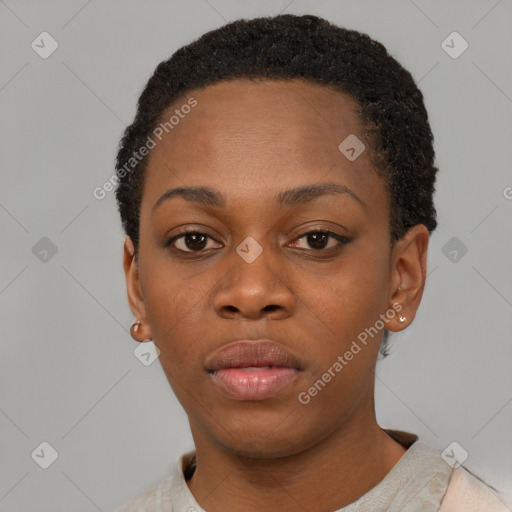 Neutral black young-adult female with short  black hair and brown eyes