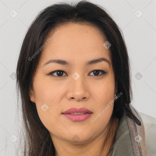 Joyful asian young-adult female with long  brown hair and brown eyes