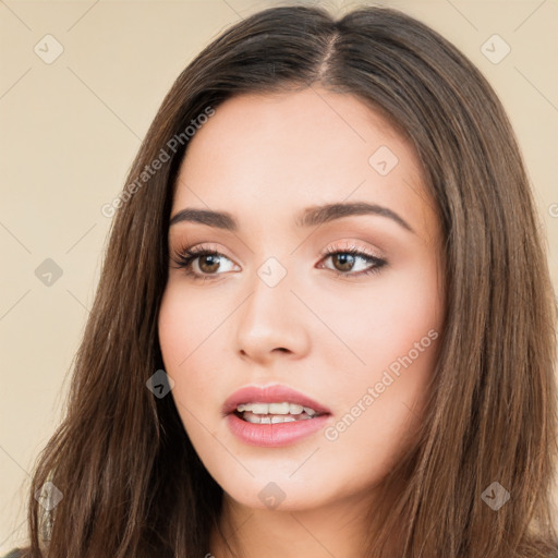 Neutral white young-adult female with long  brown hair and brown eyes