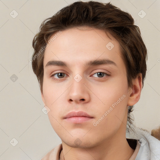 Neutral white young-adult male with short  brown hair and grey eyes