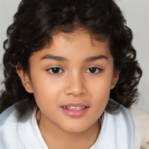 Joyful white child female with medium  brown hair and brown eyes