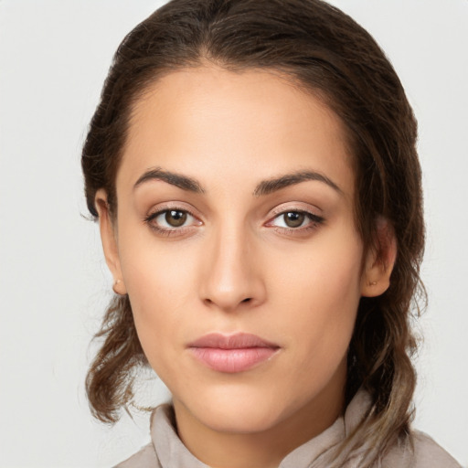 Neutral white young-adult female with medium  brown hair and brown eyes