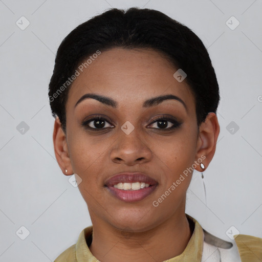 Joyful asian young-adult female with short  black hair and brown eyes