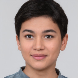 Joyful asian young-adult female with short  black hair and brown eyes