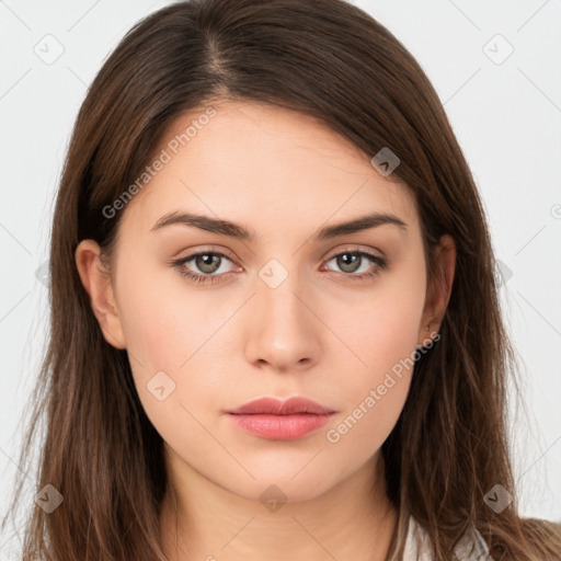 Neutral white young-adult female with long  brown hair and brown eyes