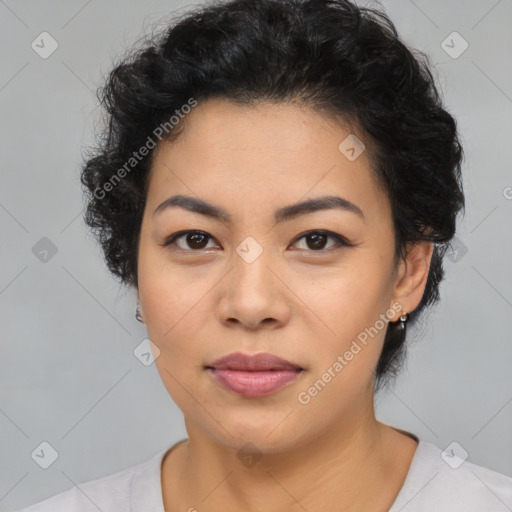 Joyful asian young-adult female with short  black hair and brown eyes