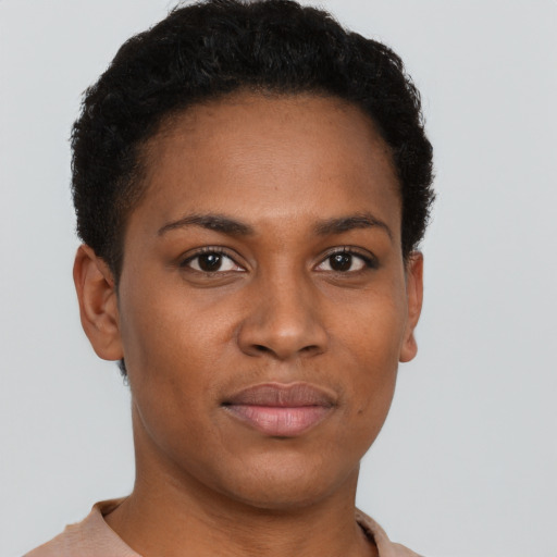 Neutral black young-adult female with short  brown hair and brown eyes