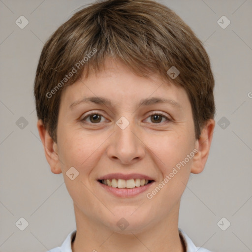 Joyful white young-adult female with short  brown hair and brown eyes