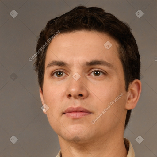 Neutral white young-adult male with short  brown hair and brown eyes