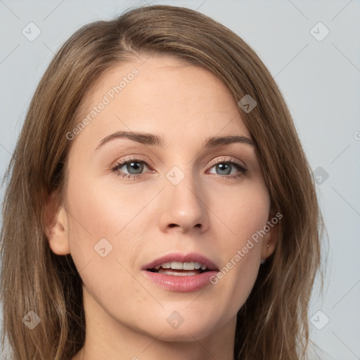 Joyful white young-adult female with long  brown hair and grey eyes