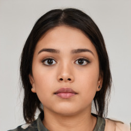 Neutral asian young-adult female with medium  black hair and brown eyes