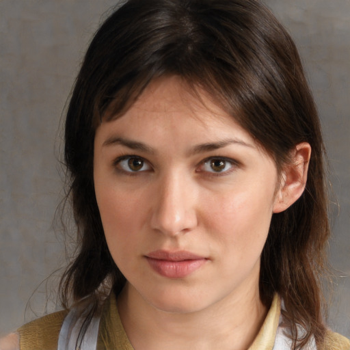 Neutral white young-adult female with medium  brown hair and brown eyes