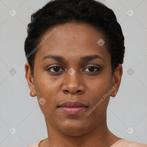 Neutral black young-adult female with short  brown hair and brown eyes