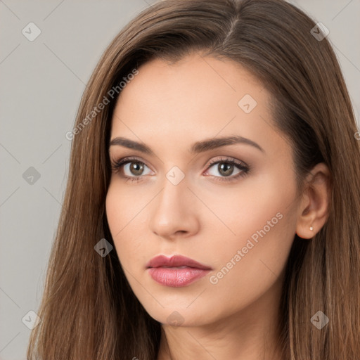 Neutral white young-adult female with long  brown hair and brown eyes