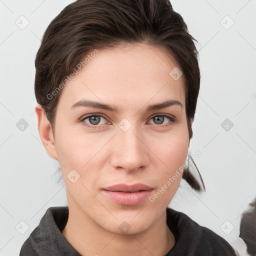 Neutral white young-adult female with medium  brown hair and grey eyes