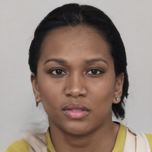 Neutral latino young-adult female with short  black hair and brown eyes