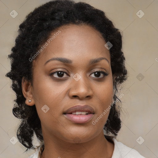 Joyful black young-adult female with medium  black hair and brown eyes