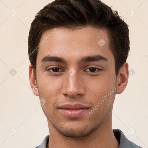 Neutral white young-adult male with short  brown hair and brown eyes