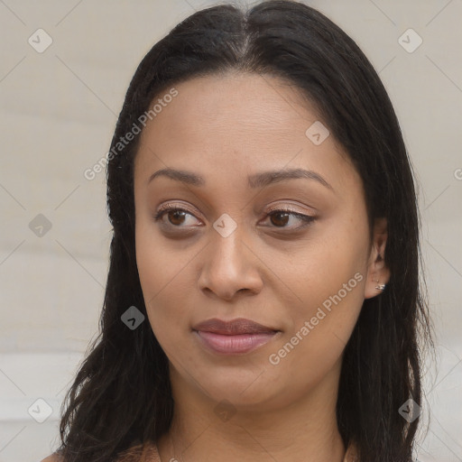 Joyful asian young-adult female with long  brown hair and brown eyes