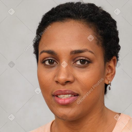 Joyful latino young-adult female with short  brown hair and brown eyes