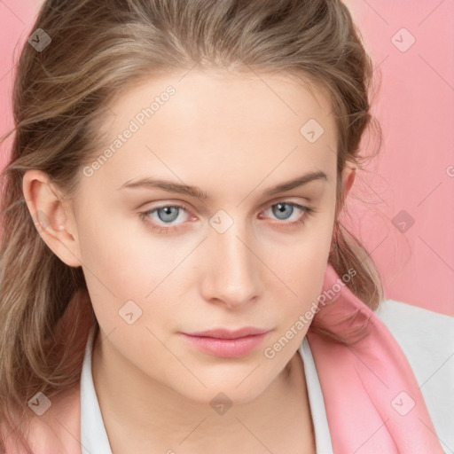 Neutral white young-adult female with medium  brown hair and grey eyes